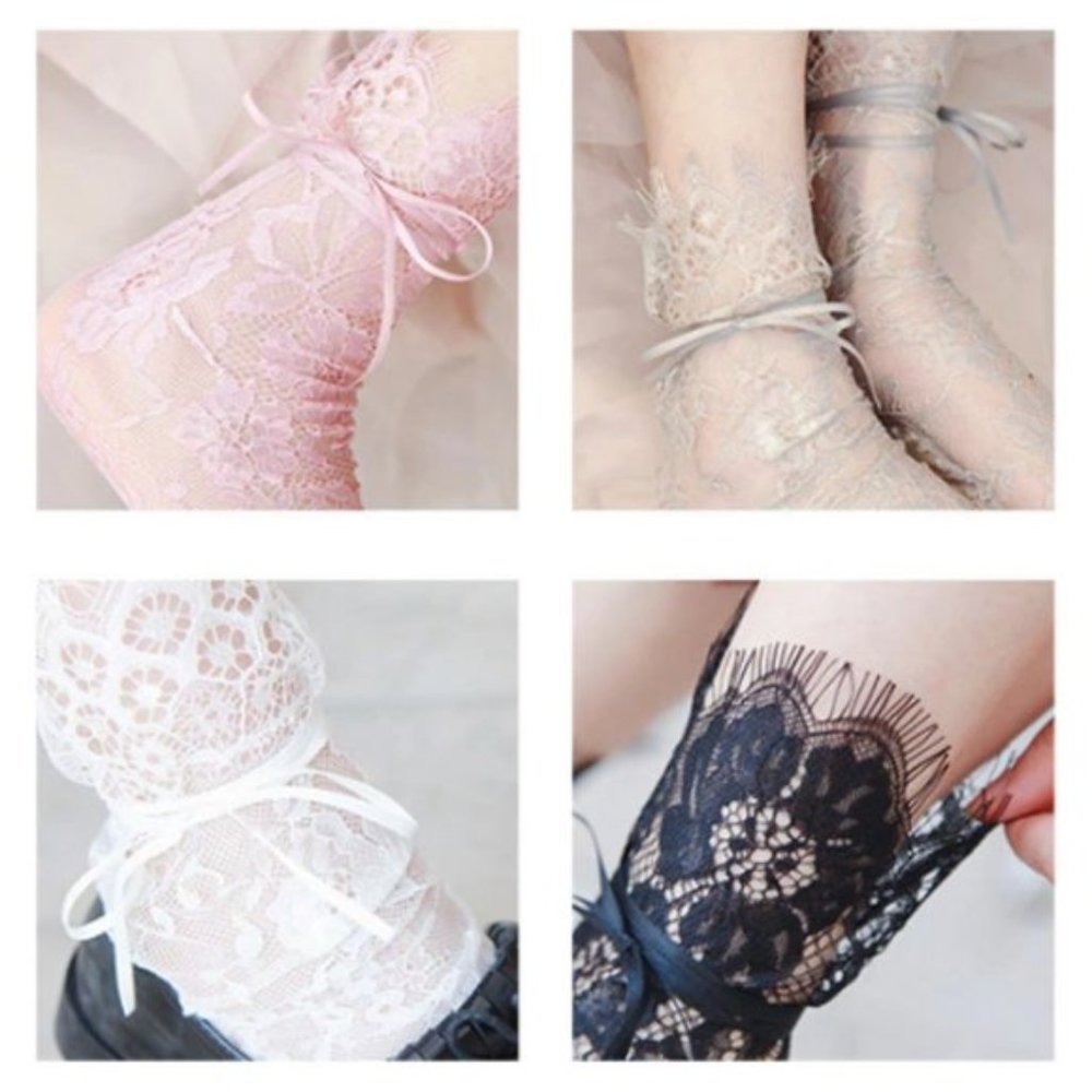Lace Floral Tie Ribbon Socks White - Picture 6 of 6